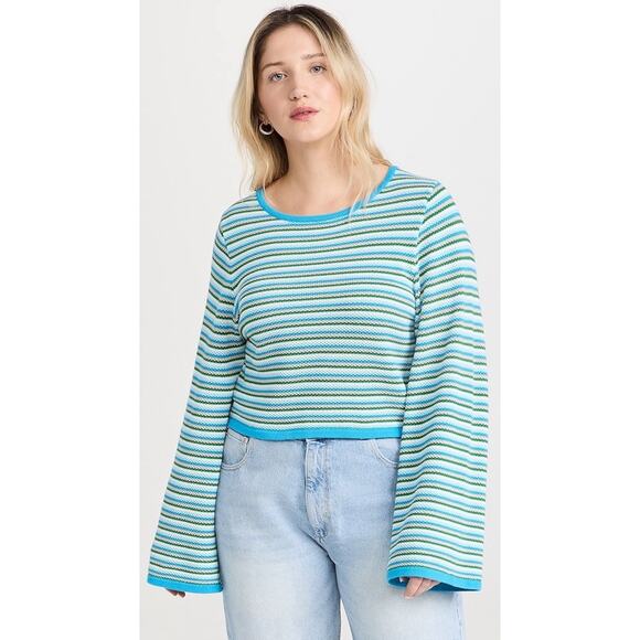 Figue Marley Cropped Sweater in Blue & Green Stripes Size Large Gently Used - Picture 2 of 8